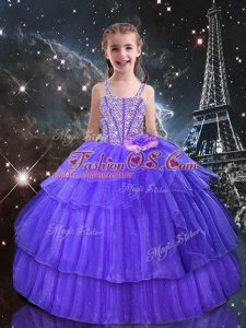 Exceptional Eggplant Purple Ball Gowns Organza Straps Sleeveless Beading and Ruffled Layers Floor Length Lace Up Pageant Dress for Girls