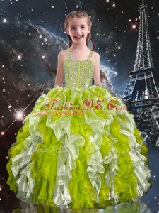 Straps Sleeveless Organza Child Pageant Dress Beading and Ruffles Lace Up