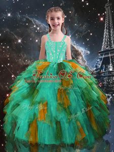 Modern Turquoise Sleeveless Beading and Ruffles Floor Length Winning Pageant Gowns