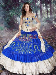 Royal Blue Sweet 16 Dresses Military Ball and Sweet 16 and Quinceanera with Embroidery and Ruffled Layers Off The Shoulder Sleeveless Lace Up