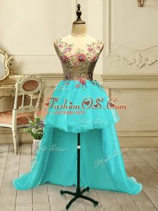Flare Scoop Sleeveless Lace Up Evening Dress Aqua Blue Organza