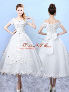Artistic White Short Sleeves Tulle Lace Up Bridesmaid Dress for Prom and Party and Wedding Party