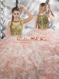 Peach Two Pieces Beading and Ruffles Quinceanera Dresses Zipper Organza Sleeveless Floor Length