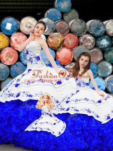 Royal Blue Quinceanera Gowns Military Ball and Sweet 16 and Quinceanera with Embroidery and Ruffles Strapless Sleeveless Brush Train Lace Up