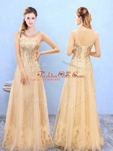 Dynamic Gold Empire Scoop Sleeveless Organza Floor Length Lace Up Beading and Appliques Bridesmaid Dresses