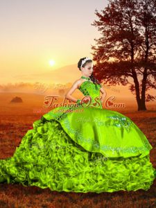 Pretty Quince Ball Gowns Organza Brush Train Sleeveless Embroidery and Ruffles
