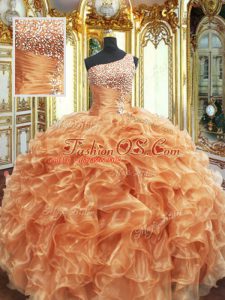 Sexy Beading and Ruffles Sweet 16 Dresses Orange Lace Up Sleeveless Floor Length