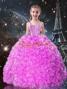 Customized Fuchsia Ball Gowns Organza Straps Sleeveless Beading and Ruffles Floor Length Lace Up Girls Pageant Dresses