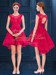 Great High Low Wine Red Wedding Guest Dresses Satin and Lace Sleeveless Lace and Belt