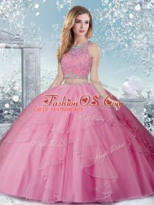 Rose Pink Ball Gowns Tulle Scoop Sleeveless Beading Floor Length Clasp Handle 15 Quinceanera Dress