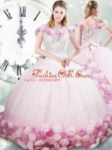 High Quality Hand Made Flower Quinceanera Dresses Pink Lace Up Sleeveless Brush Train