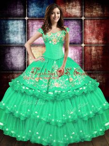 Simple Turquoise Sleeveless Floor Length Embroidery and Ruffled Layers Lace Up 15 Quinceanera Dress