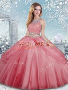 Watermelon Red Sleeveless Tulle Clasp Handle Quinceanera Dress for Military Ball and Sweet 16 and Quinceanera