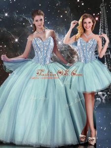Dramatic Light Blue Tulle Lace Up Sweet 16 Quinceanera Dress Sleeveless Floor Length Beading