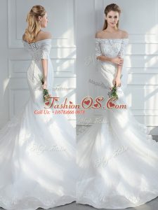 Half Sleeves Lace and Appliques Lace Up Wedding Gowns with White Court Train