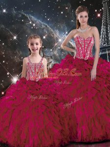 Burgundy Ball Gowns Sweetheart Sleeveless Organza Floor Length Lace Up Beading and Ruffles 15 Quinceanera Dress