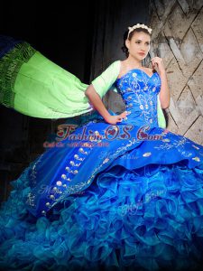 Dynamic Royal Blue Off The Shoulder Lace Up Embroidery and Ruffles Sweet 16 Quinceanera Dress Brush Train Sleeveless