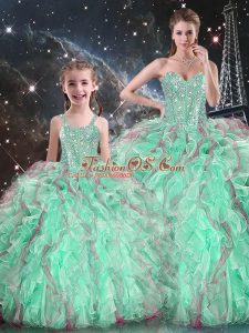 Colorful Sweetheart Sleeveless Quinceanera Gown Floor Length Beading and Ruffles Turquoise Organza