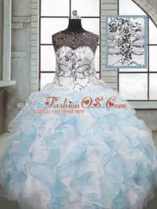 Superior Blue And White Ball Gowns Beading and Ruffles Quince Ball Gowns Lace Up Organza Sleeveless Floor Length