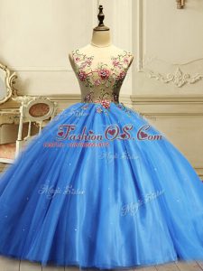 Custom Made Baby Blue Scoop Lace Up Appliques and Sequins Sweet 16 Quinceanera Dress Sleeveless