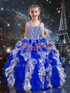 Clearance Floor Length Lace Up Little Girls Pageant Dress Blue for Quinceanera and Wedding Party with Beading and Ruffles