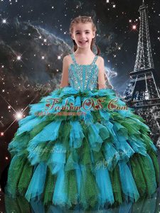 Tulle Sleeveless Floor Length Pageant Dress for Girls and Beading and Ruffles