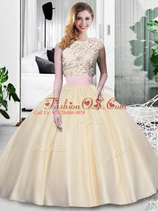 Best Selling Champagne Two Pieces Scoop Sleeveless Taffeta Floor Length Zipper Lace and Appliques and Ruching Vestidos de Quinceanera