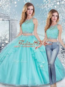 Custom Designed Aqua Blue Tulle Clasp Handle Scoop Sleeveless Floor Length Quinceanera Gowns Beading and Lace and Sashes ribbons