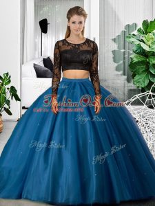 Free and Easy Blue Backless Scoop Lace and Ruching Sweet 16 Dress Tulle Long Sleeves