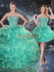 Top Selling Turquoise Three Pieces Beading and Ruffles Quinceanera Gowns Lace Up Organza Sleeveless Floor Length