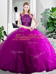 Fuchsia Sleeveless Lace and Ruffles Floor Length Quinceanera Dress
