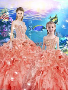 Fantastic Watermelon Red Sleeveless Beading and Ruffles Floor Length Quince Ball Gowns