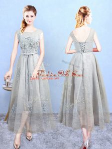 Ankle Length Grey Vestidos de Damas Scoop Sleeveless Lace Up