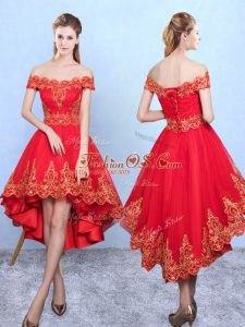 Wine Red Tulle Lace Up Bridesmaid Gown Sleeveless High Low Appliques