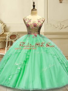 Sumptuous Green Ball Gowns Appliques Quince Ball Gowns Lace Up Tulle Sleeveless Floor Length