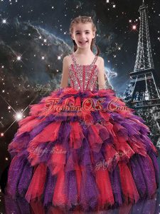 Coral Red Sleeveless Floor Length Beading and Ruffles Lace Up Kids Formal Wear