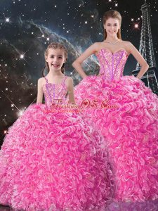 Sleeveless Floor Length Beading and Ruffles Lace Up Ball Gown Prom Dress with Rose Pink