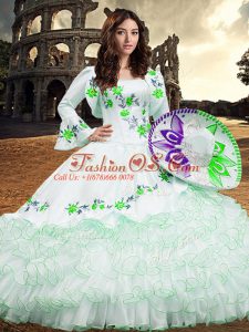 Chic White 15th Birthday Dress Military Ball and Sweet 16 and Quinceanera with Embroidery and Ruffled Layers Square Long Sleeves Lace Up