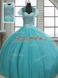 Ball Gowns Quince Ball Gowns Aqua Blue Sweetheart Tulle Sleeveless Floor Length Lace Up