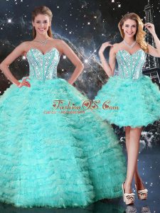 Cheap Floor Length Lace Up 15 Quinceanera Dress Turquoise for Military Ball and Sweet 16 and Quinceanera with Beading and Ruffled Layers