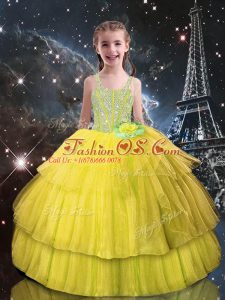 Simple Light Yellow Straps Lace Up Beading and Ruffled Layers Pageant Dress for Teens Sleeveless