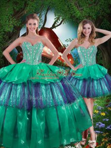 Beading and Ruffled Layers Quinceanera Gowns Turquoise Lace Up Sleeveless Floor Length