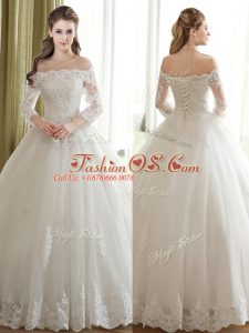 White Wedding Gown Wedding Party with Lace and Appliques Off The Shoulder 3 4 Length Sleeve Lace Up