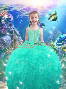 Nice Sleeveless Floor Length Beading Lace Up Kids Formal Wear with Turquoise