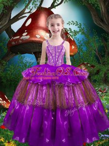 Dazzling Eggplant Purple Sleeveless Organza Lace Up Kids Pageant Dress for Quinceanera and Wedding Party
