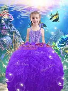 Eggplant Purple Lace Up High School Pageant Dress Beading and Ruffles Sleeveless Floor Length