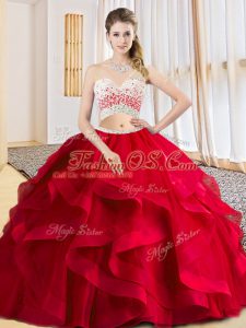 One Shoulder Sleeveless Tulle Quince Ball Gowns Beading and Ruffles Criss Cross