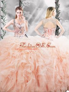 Flirting Peach Sleeveless Beading and Ruffles Floor Length Sweet 16 Dresses