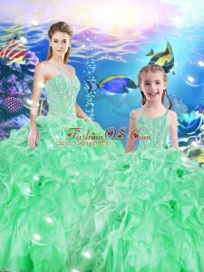 Discount Floor Length Lace Up Quinceanera Gown Apple Green for Military Ball and Sweet 16 and Quinceanera with Beading and Ruffles