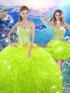 Ideal Yellow Green Organza Lace Up Sweetheart Sleeveless Floor Length Sweet 16 Quinceanera Dress Beading and Ruffles